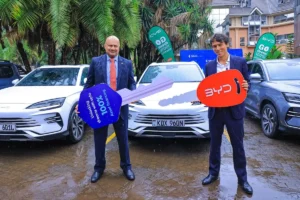 Bhartesh Shah (SBM Bank Kenya CEO) and Nicolas Ruffier (GM of BYD by CFAO Mobility Kenya)